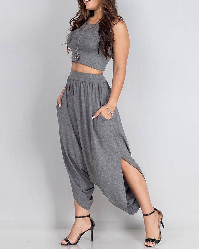 

Round Neck Crop Top & Pocket Design Harem Pants Set, Gray