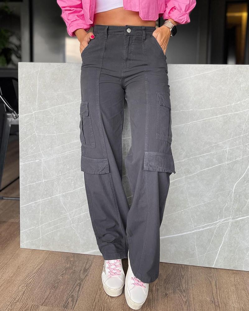 

Pocket Design Buttoned Cargo Pants, Dark grey