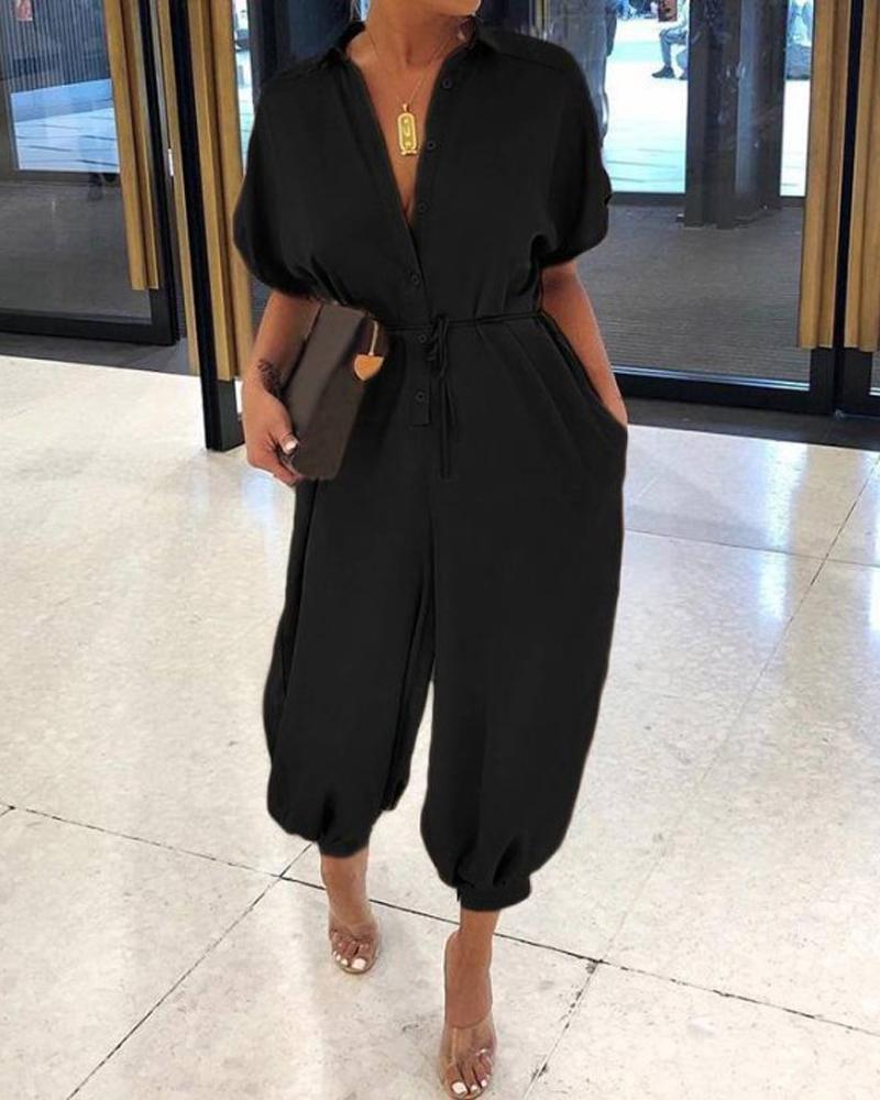 

Plus Size Plain Button Front Jumpsuit, Black