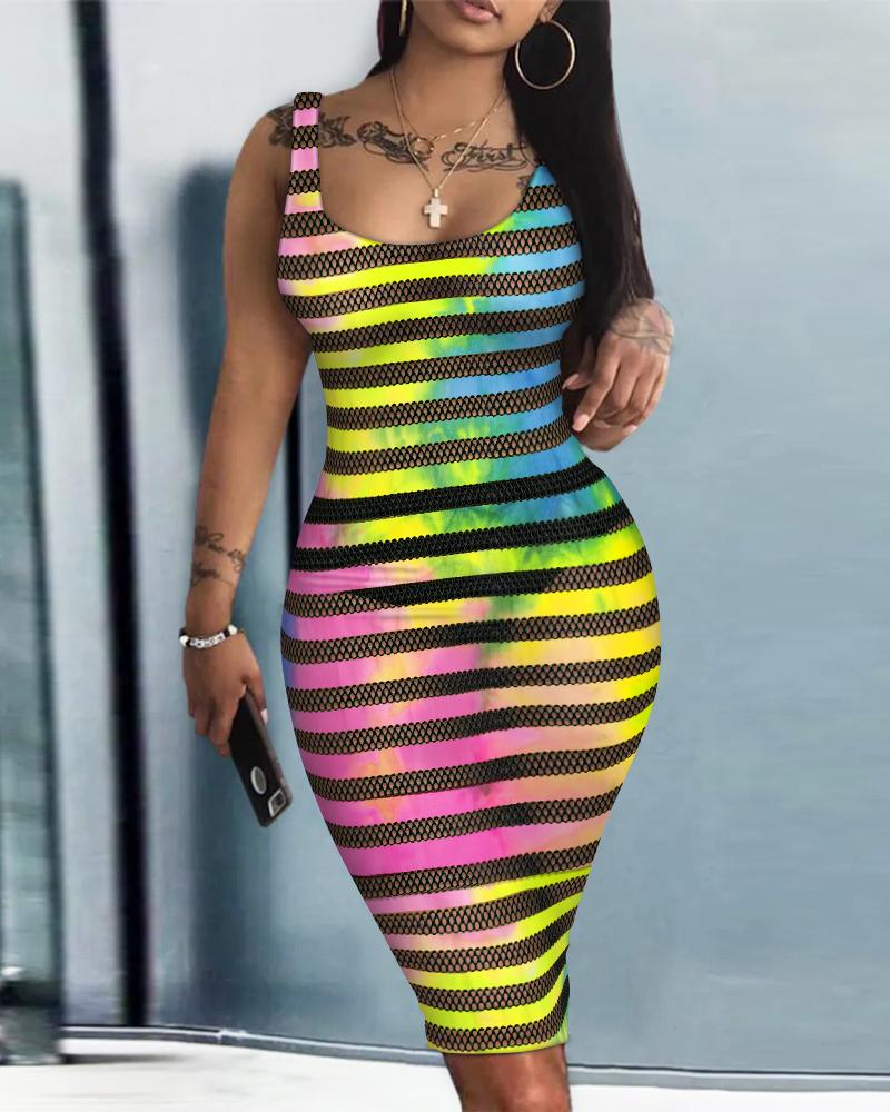 

Tie Dye Print Contrast Mesh Sleeveless Bodycon Dress, Multicolor