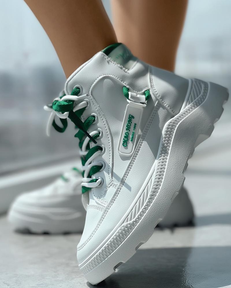

Lace-up Letter Pattern Sneakers, White&green