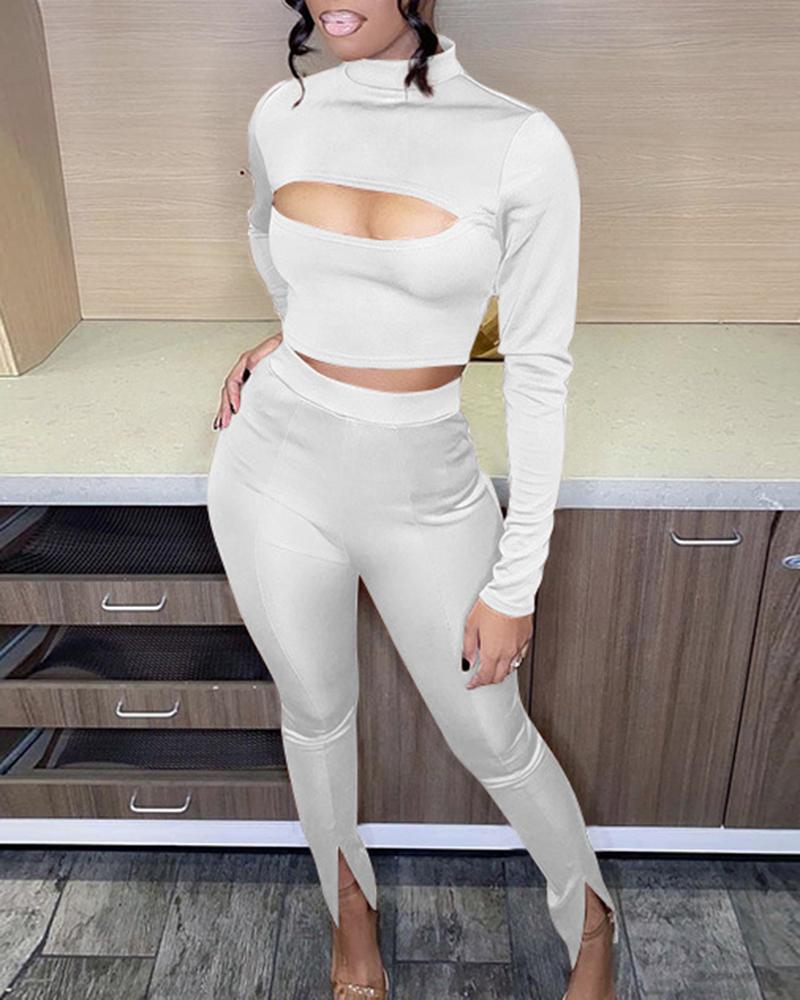 

Cutout Long Sleeve Top & High Waist Pants Set, White