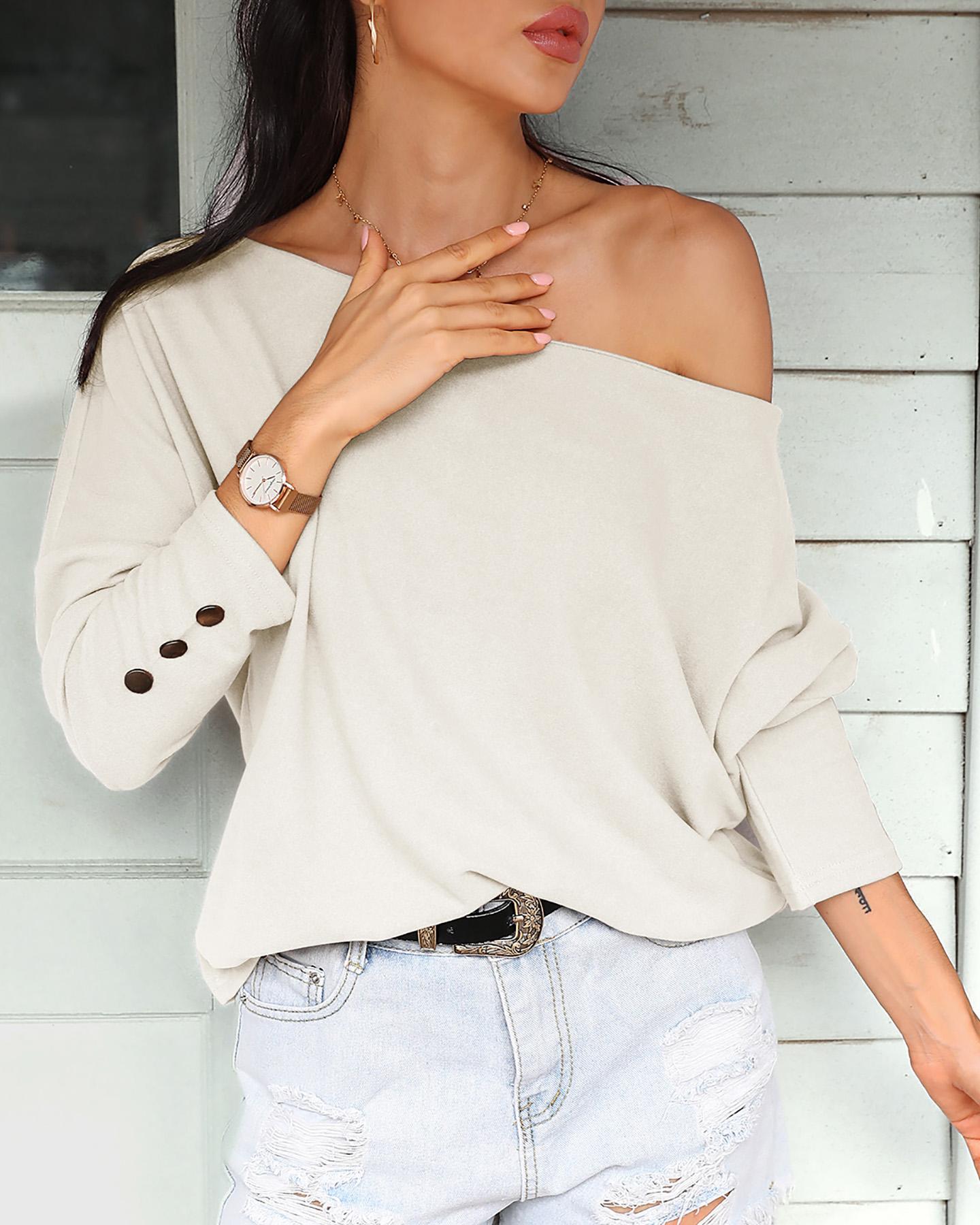 

Batwing Long Sleeve Buttoned Top, White