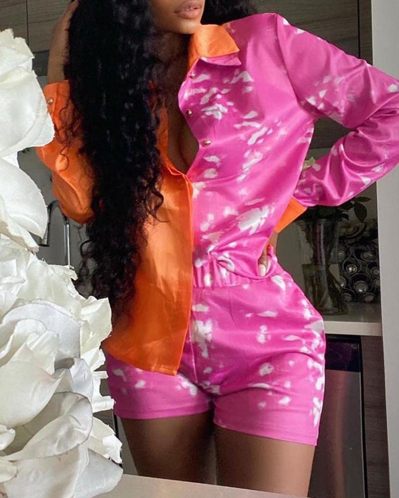 

Colorblock Buttoned Shirt & Pocket Design Shorts Set, Red