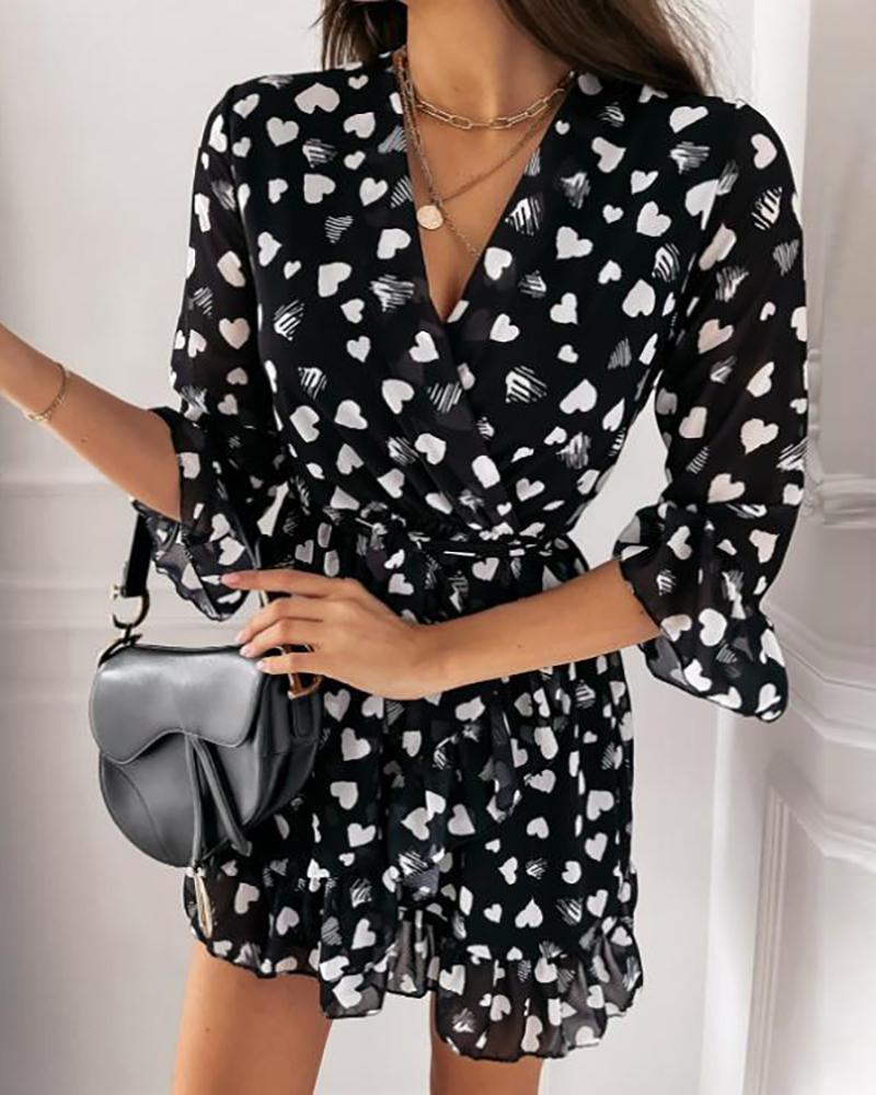 

Heart Print V Neck Lace Up Long Sleeve Dress, Black