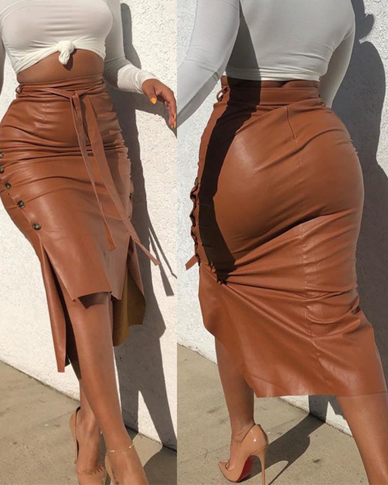 

Buttoned Slit PU Leather Midi Skirt, Brown