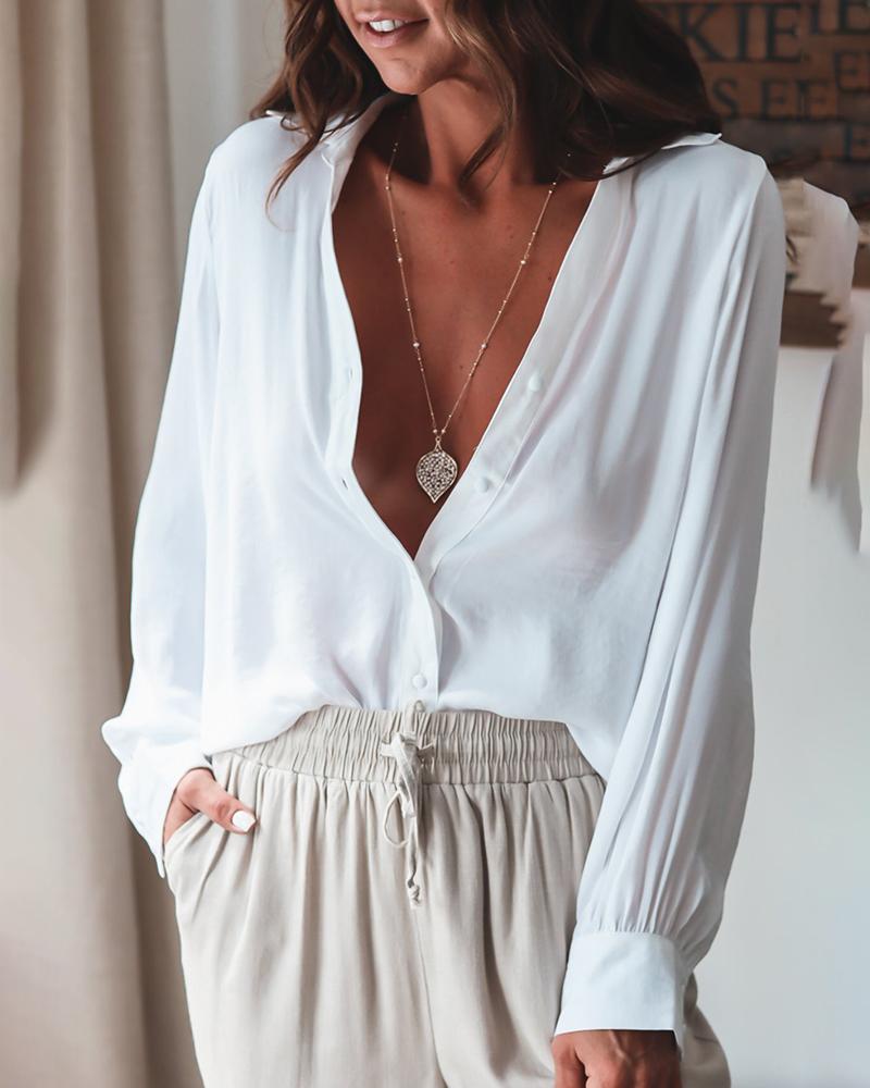

Long Sleeve Satin Buttoned Work Top, White