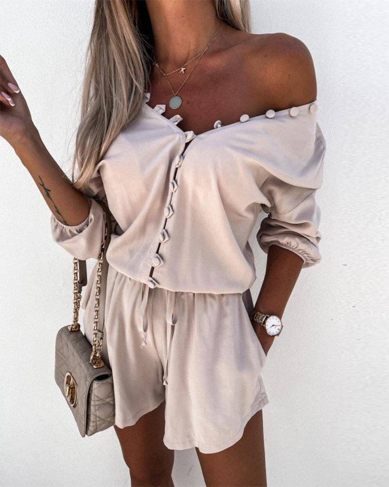 

Drop Shoulder Button Up Top & Drawstring Shorts Set, Khaki