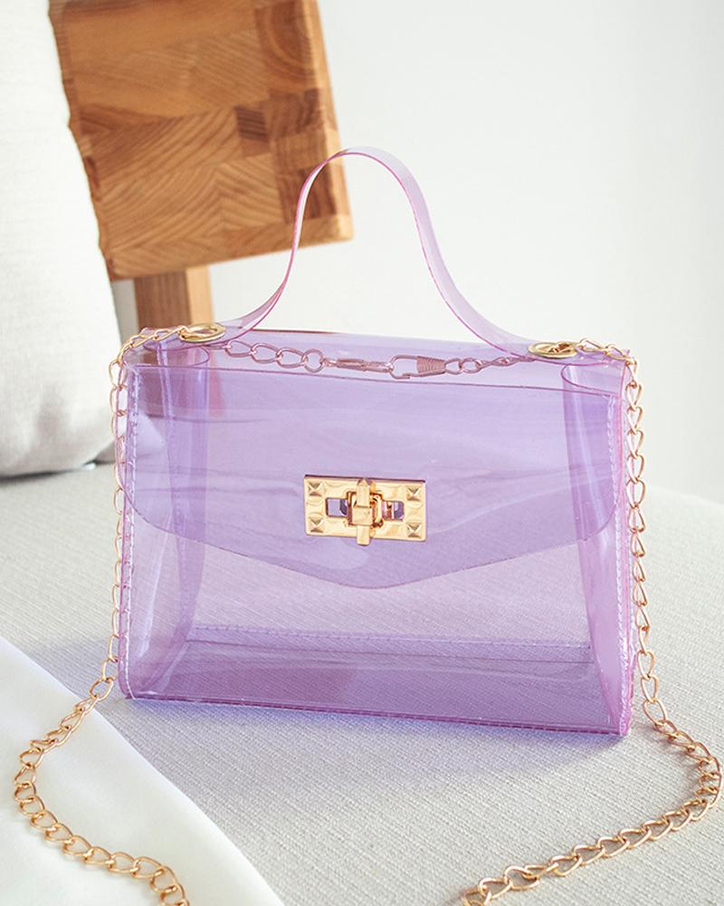

Clear Twist Lock Chain Strap Flap Crossbody Bag, Purple