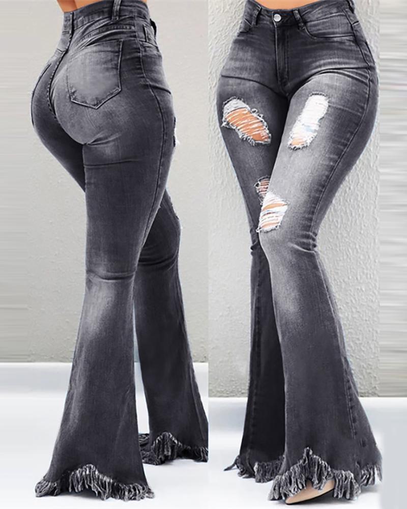 

Ripped Cutout Tassel Design Jeans, Dark grey