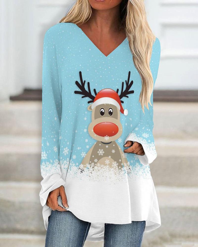 

Christmas V-Neck Elk Snowflake Print Top, Lighted blue