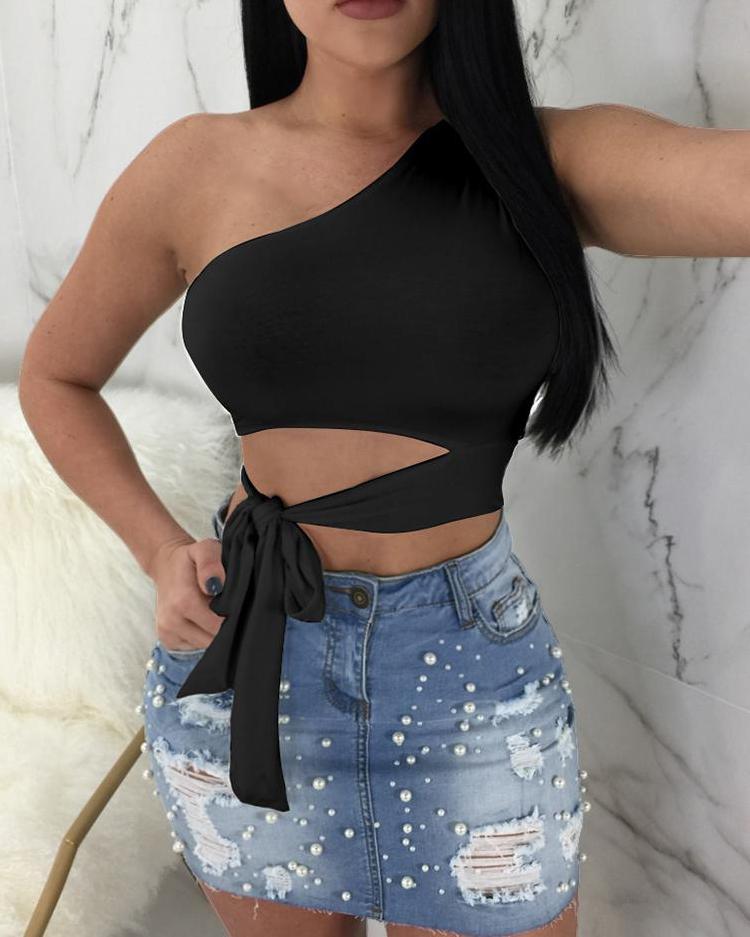 

One Shoulder Tied Detail Cutout Crop Top, Black