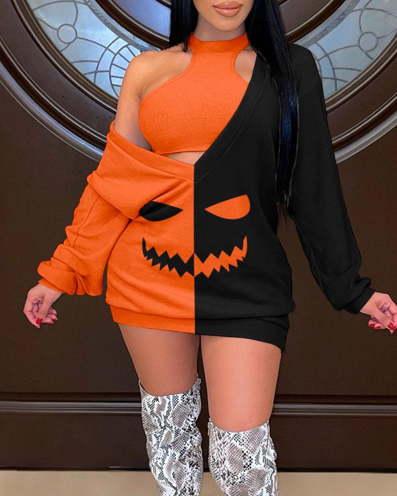 

Halloween Scary Face Print Colorblock Casual Dress & Crop Tank Top, Orange