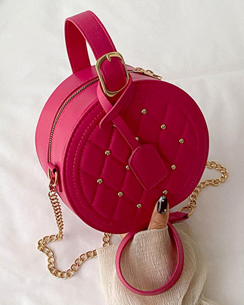 

Studded Quilted Round Crossbody Bag, Hot pink