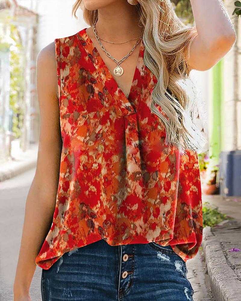 

All Over Print V-Neck Ruched Casual Tank Top, Red