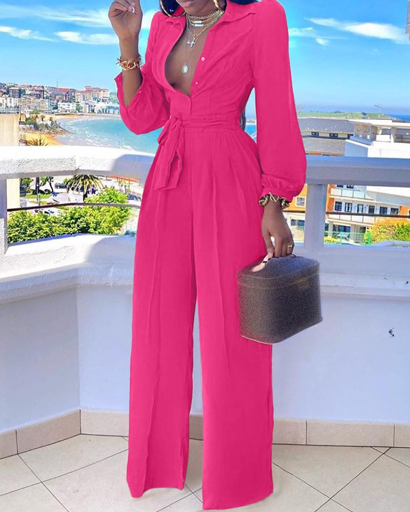 

Long Sleeve Buttoned Tied Detail Jumpsuit, Hot pink