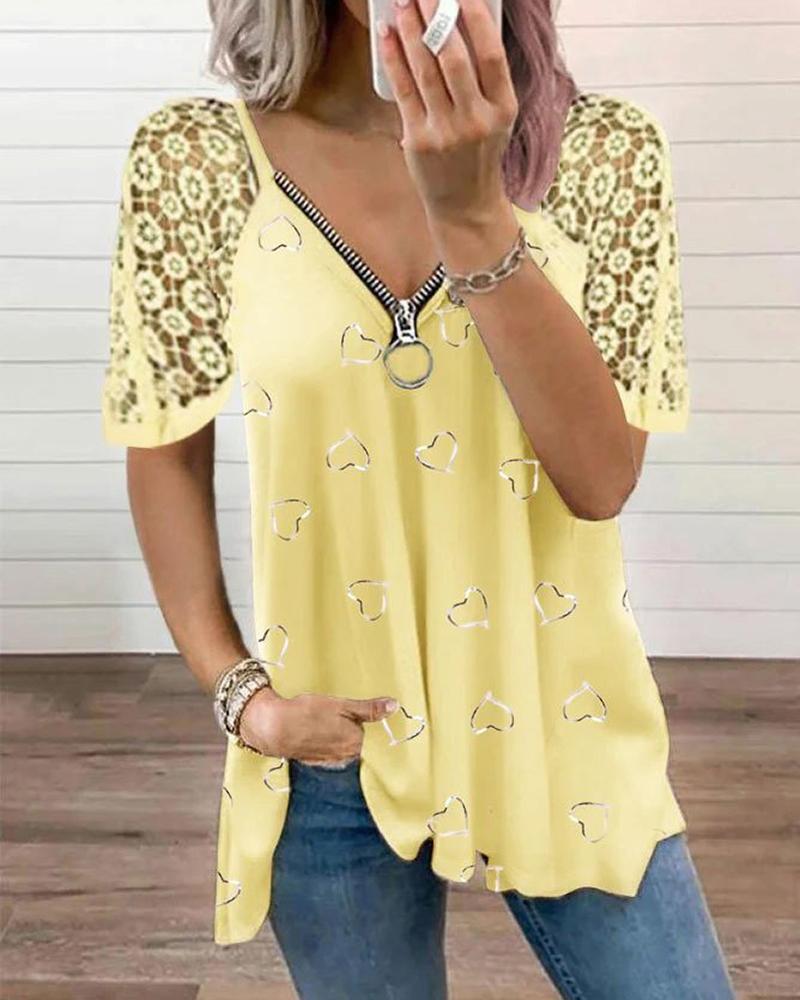 

Heart Pattern Contrast Lace Zipper Design T-shirt, Yellow