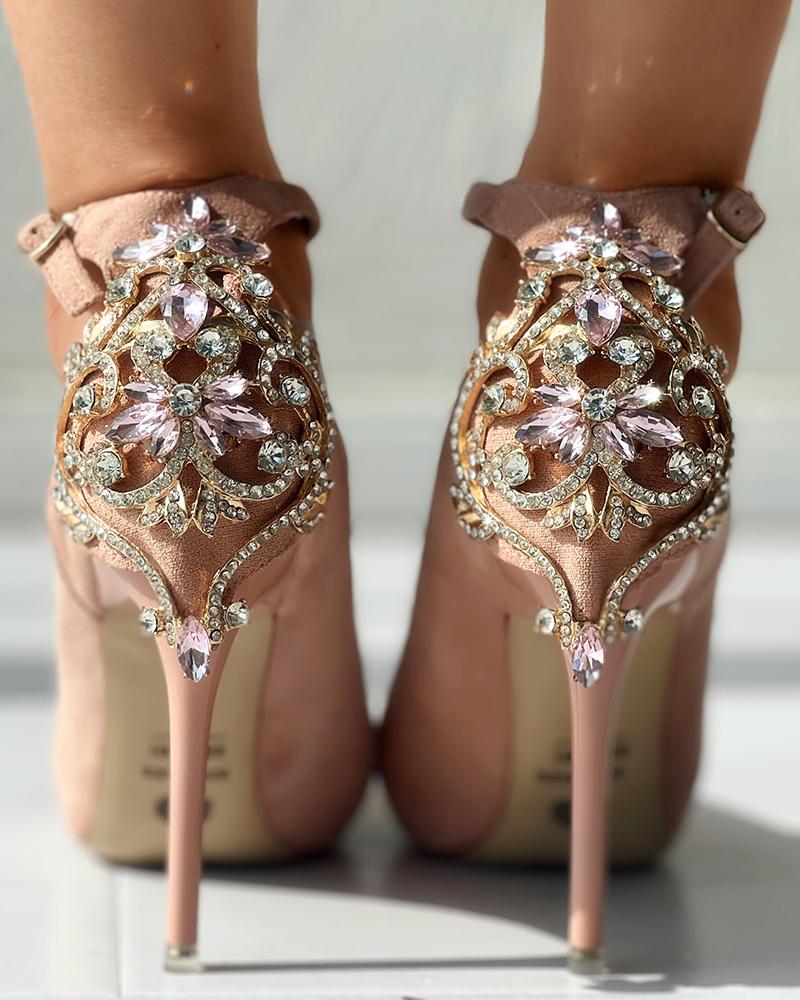 

Crystal Rhinestone Ankle Strap Stiletto Heel Pumps, Pink