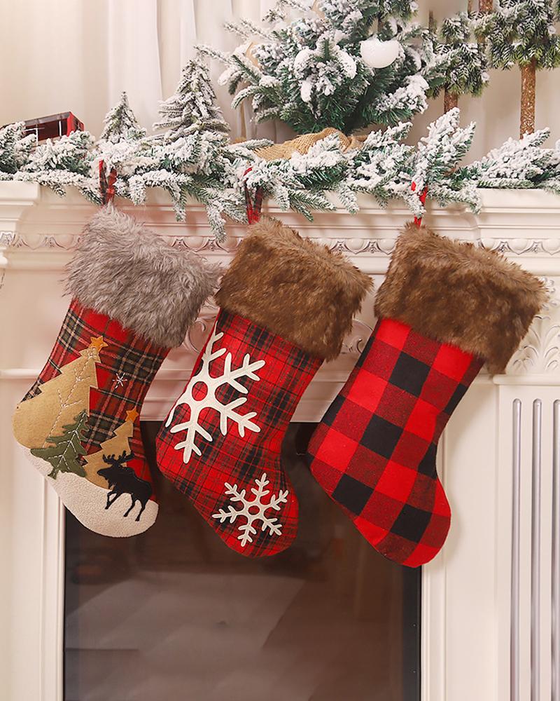 

Christmas Plaid Grpahic Print Fluffy Trim Stockings Hanging Ornaments, Style1