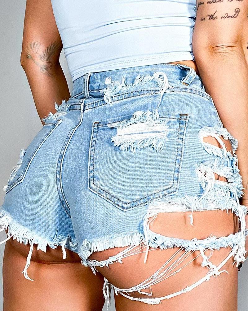 

Cutout Ripped Raw Hem Denim Shorts, Blue