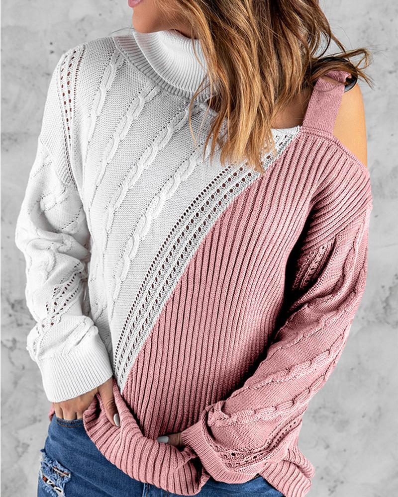 

Colorblock Cold Shoulder Cable Knit Sweater, Pink