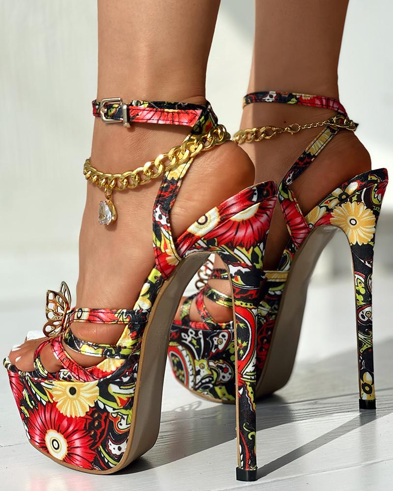 

Butterfly Pattern Ankle Strap Platform Heels, Multicolor