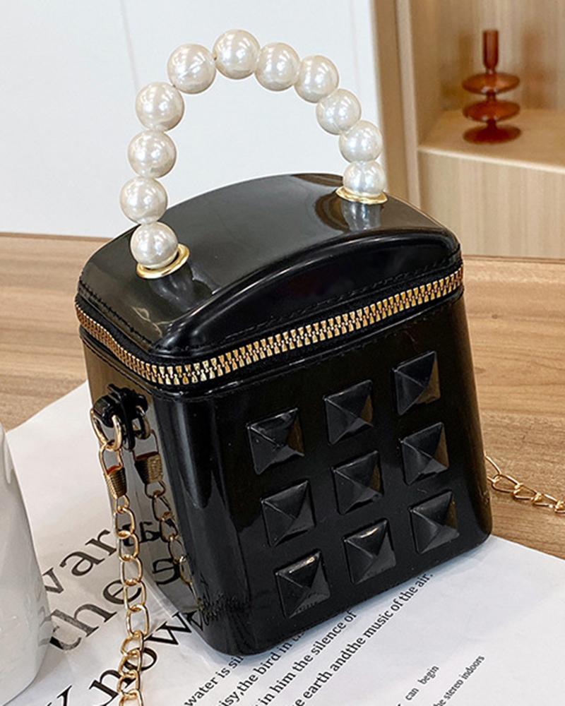 

Pearls Top Handle Square Bucket Handbag Crossbody Bag, Black