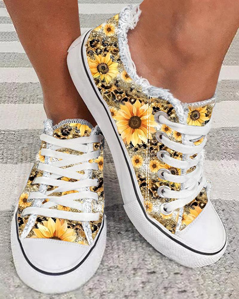 

Sunflower Print Raw Hem Canvas Sneakers, Yellow