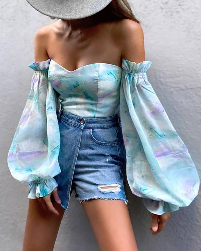 

Off Shoulder Floral / Tie Dye Print Lantern Sleeve Top, Light blue