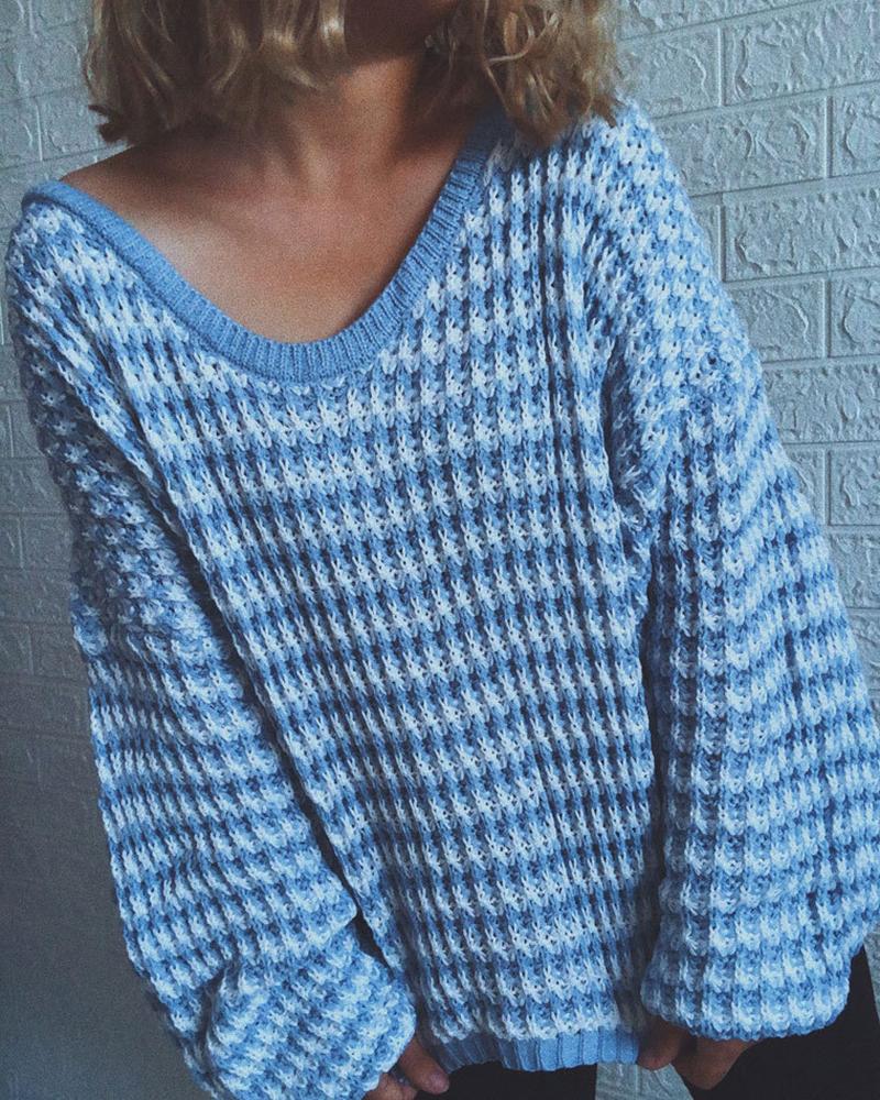 

V Neck Lantern Sleeve Striped Print Knit Sweater, Blue