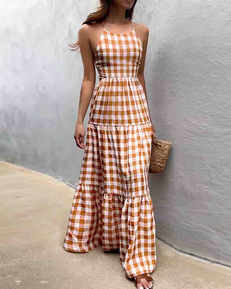 

Plaid Lace-up Backless Halter Sleeveless Maxi Dress, Khaki
