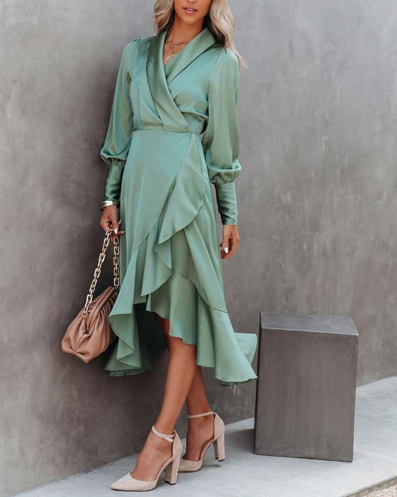 

Lantern Sleeve Ruffle Hem Satin Dress, Green