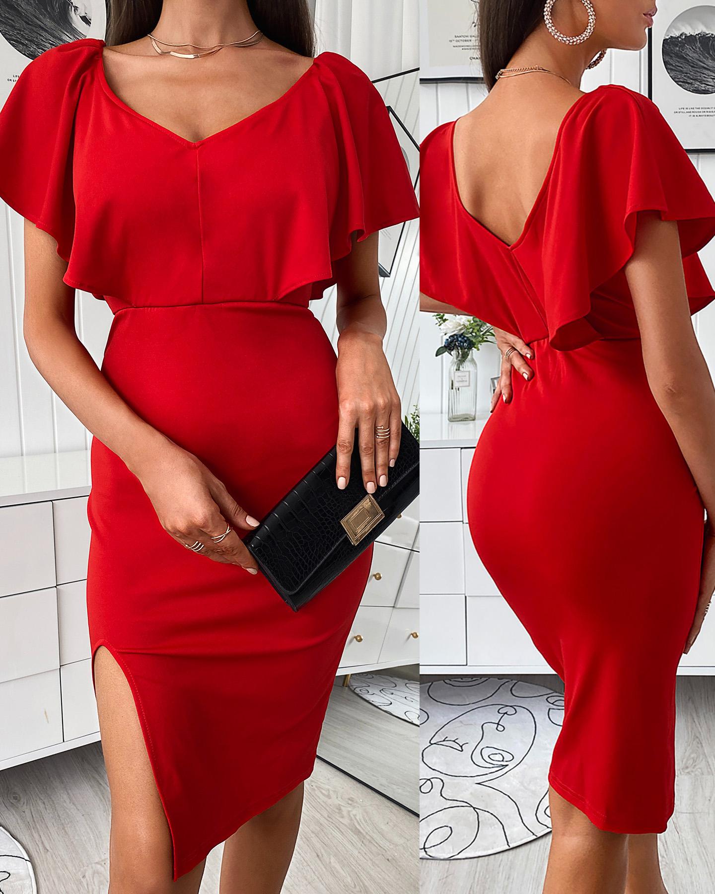 

Ruffle Hem Cutout Slit V-Neck Casual Dress, Red