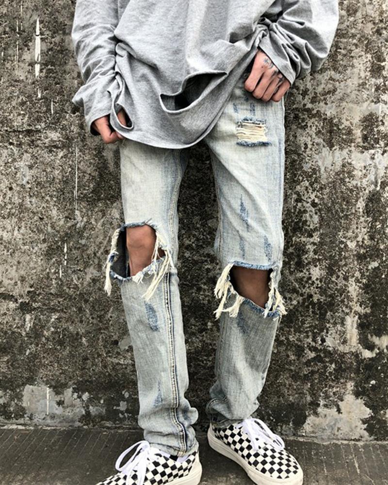 

Solid Color Washing Ripped Jeans, Blue