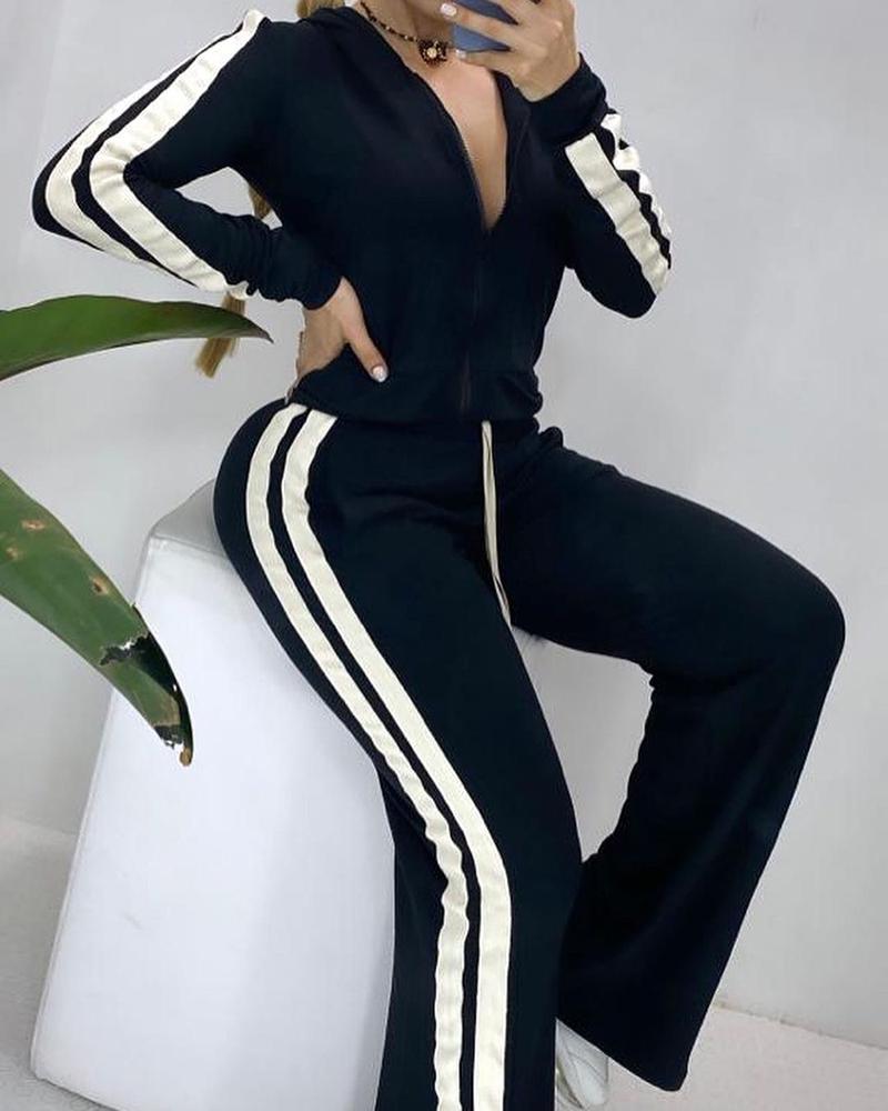 

Contrast Paneled Zipper Design Hooded Coat & Drawstring Pants Set, Black