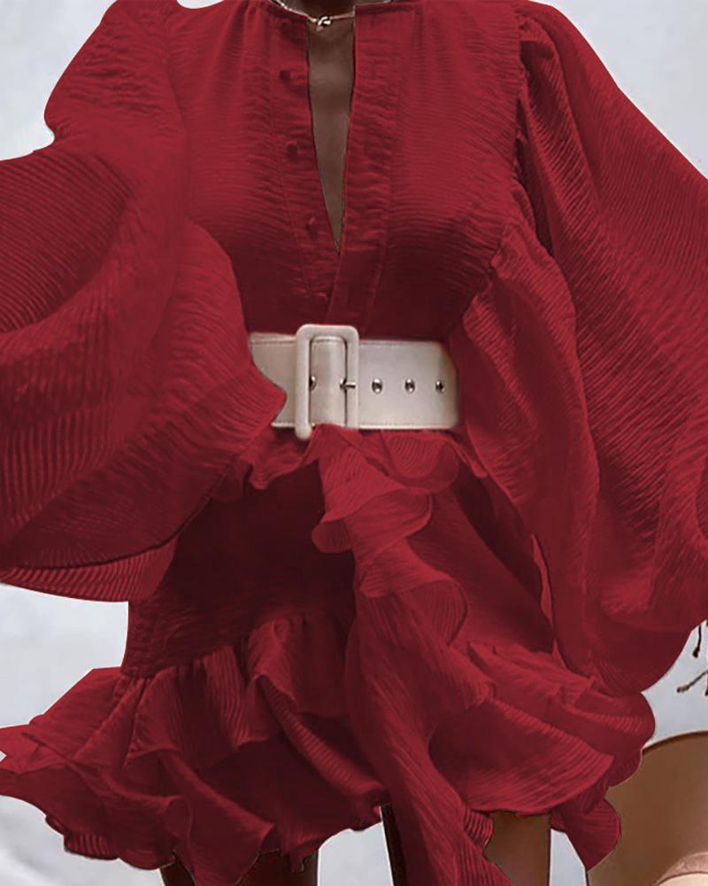 

Lantern Sleeve Ruffles Button Design Dress, Red