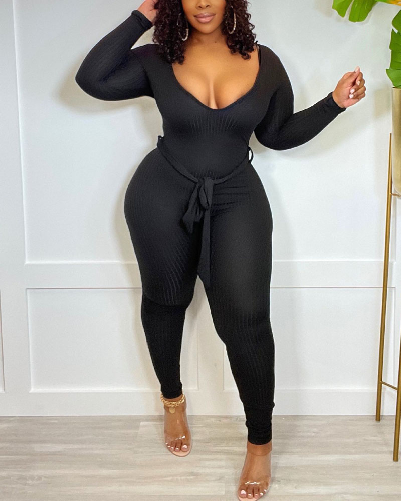 

Long Sleeve Skinny Belted Jumpsuit, Black