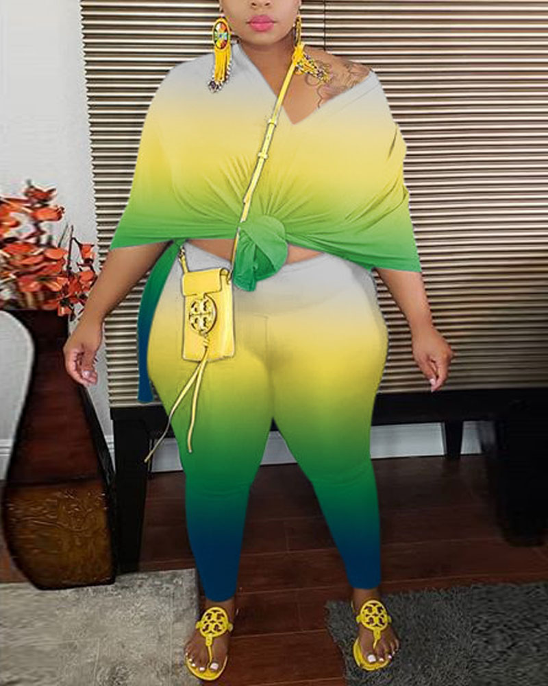

Plus Size Ombre Split Hem Top & Pants Set, Green