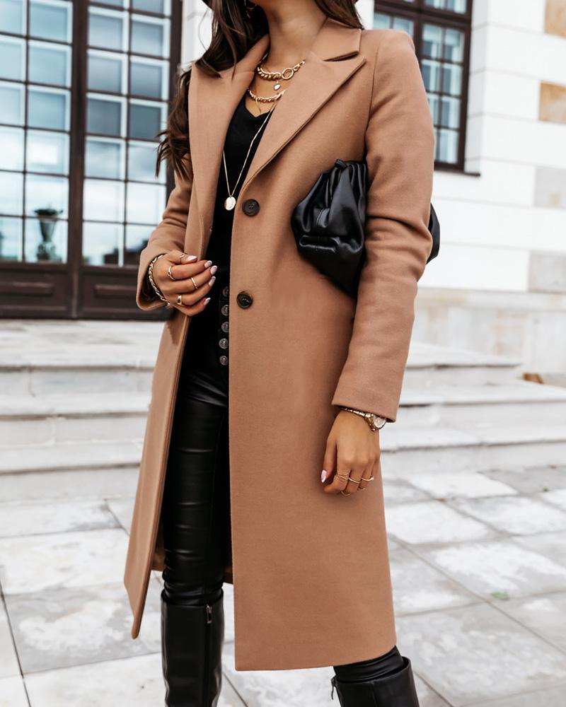 

Button Design Long Sleeve Casual Longline Coat, Khaki