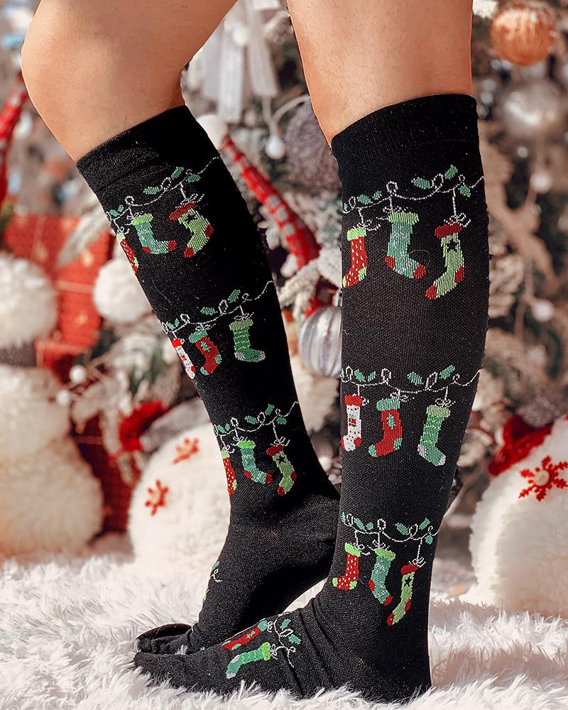 

1Pair Christmas Graphic Print Long Socks, Black