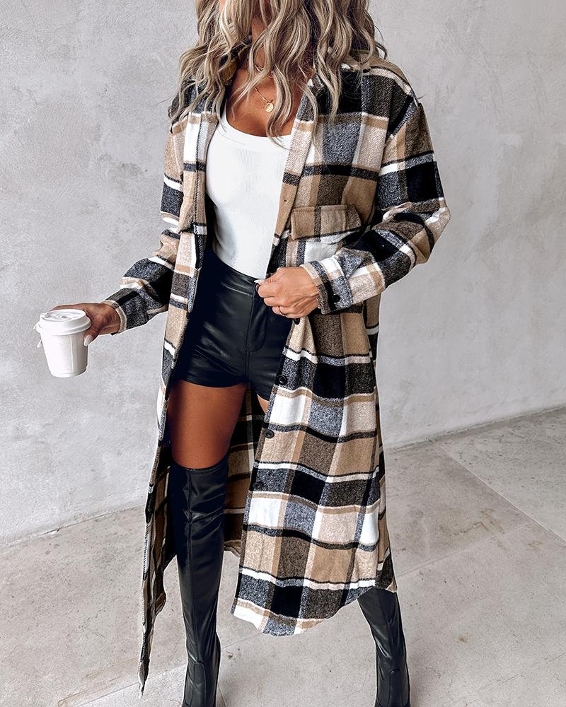 Plaid Print Buttoned Pocket Design Longline Coat