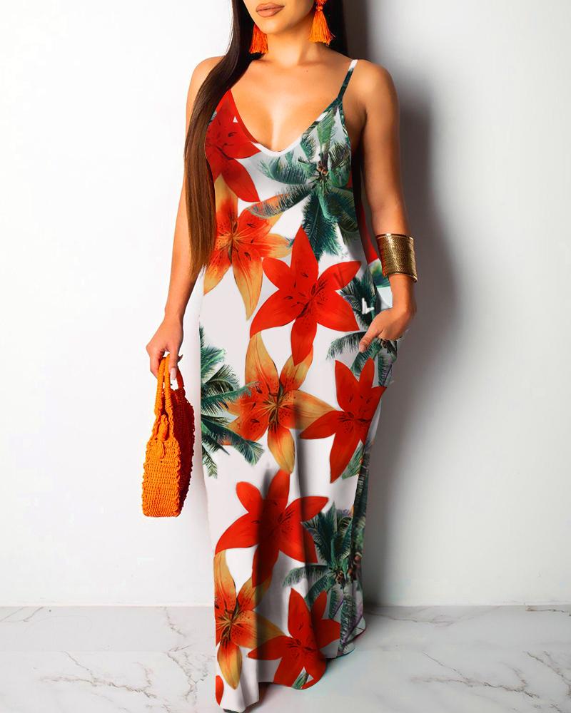 

Floral Palm Tree Print Pocket Design Maxi Dress, Red