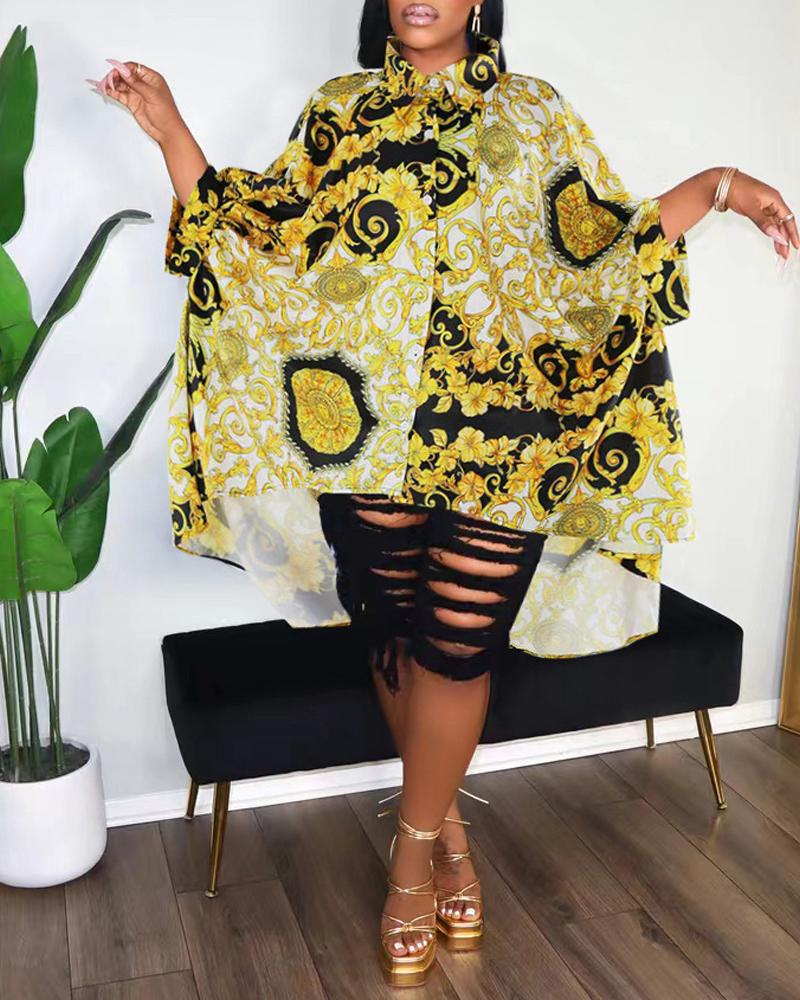 

Plus Size Baroque Print Dip Hem Button Down Shirt, Yellow