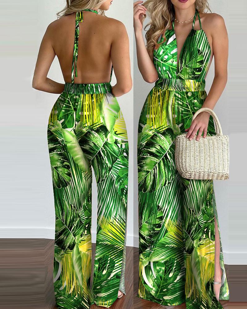 

Tropical Print Split Hem Halter Backless Jumpsuit, Green