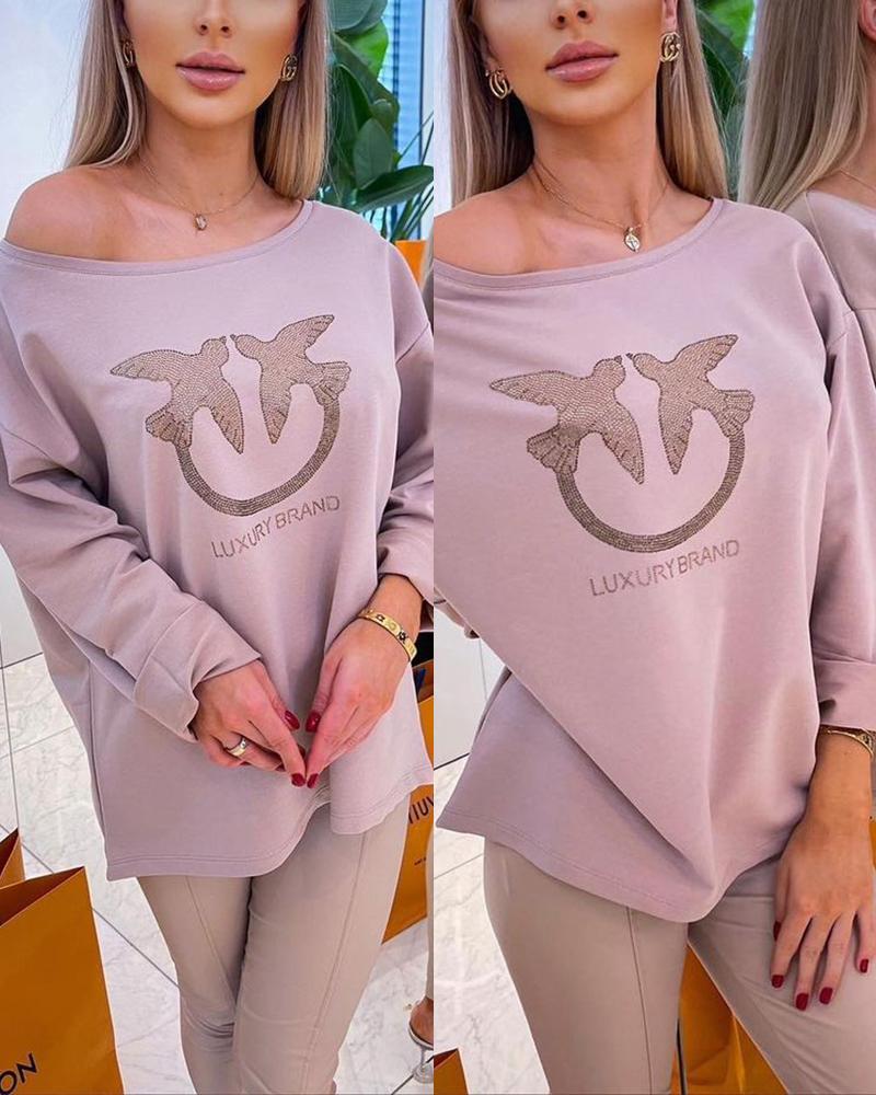 

Animal Letter Print Rhinestone Long Sleeve Tee, Pink