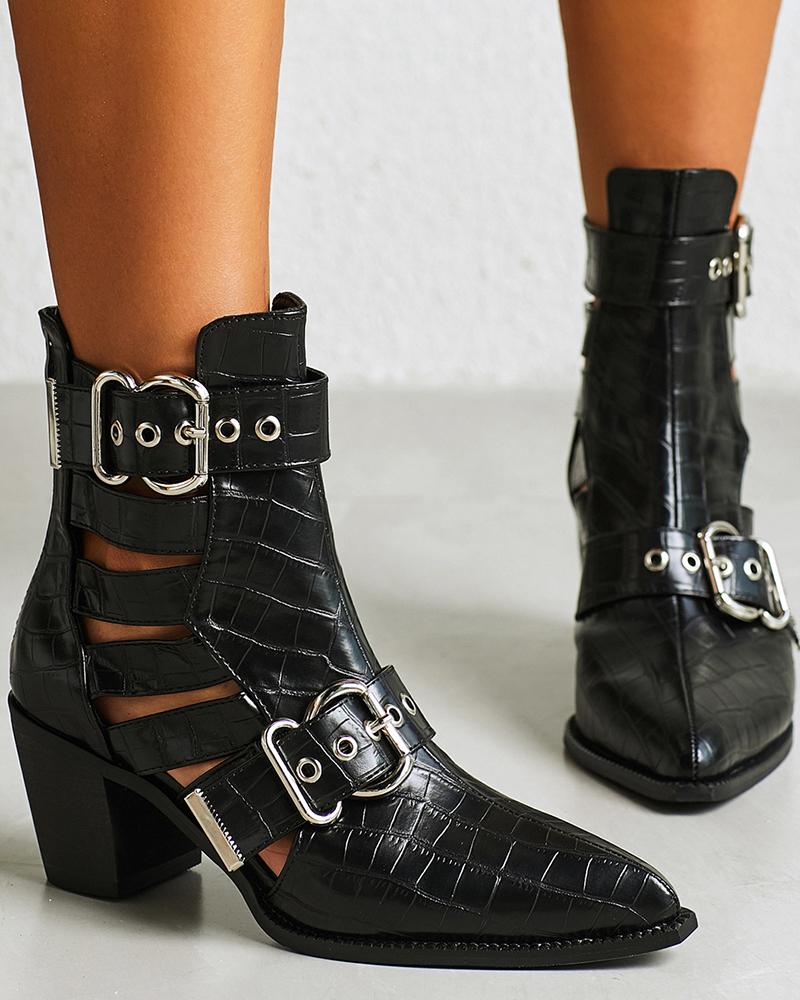 

Eyelet Buckled Cutout Chunky Boots, Black