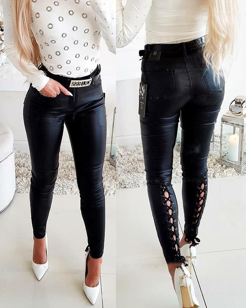

PU Leather Solid Color Eyelet Lace-Up Skinny Pants, Black