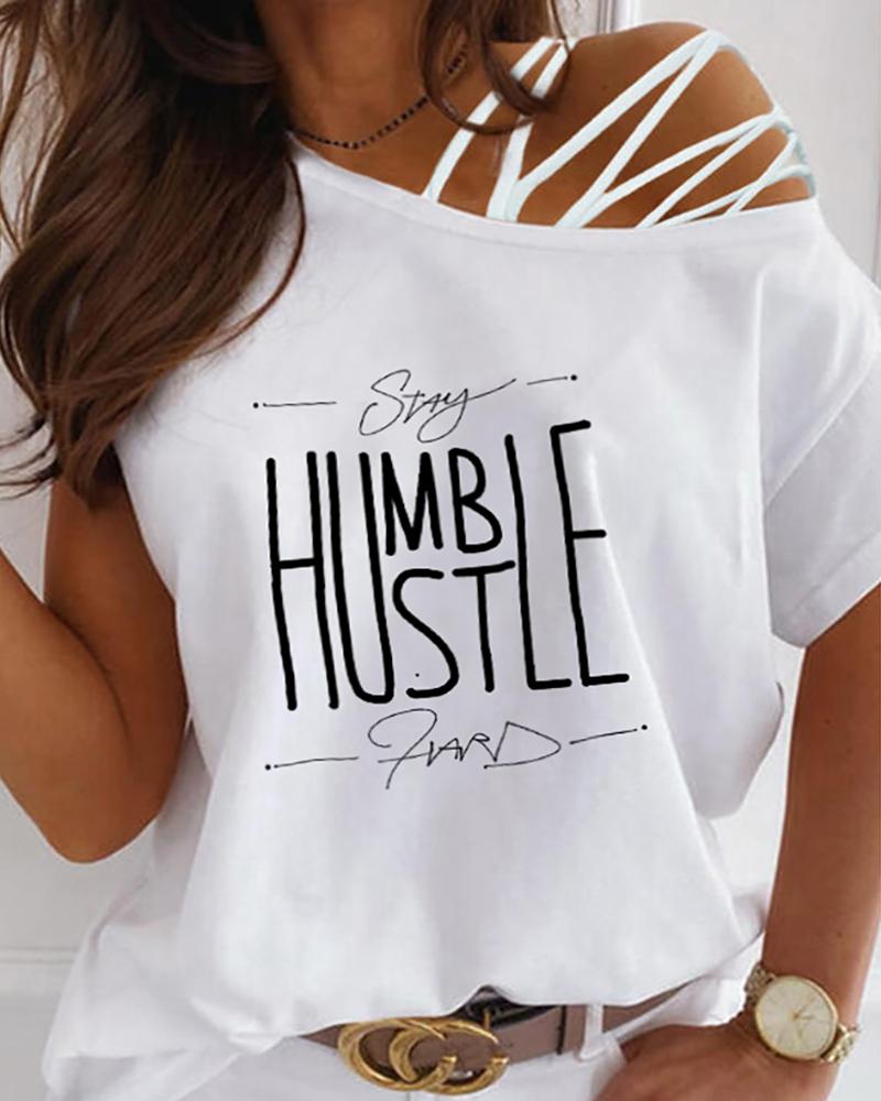 

Letter Print Short Sleeve Cutout Lace-up Top, White