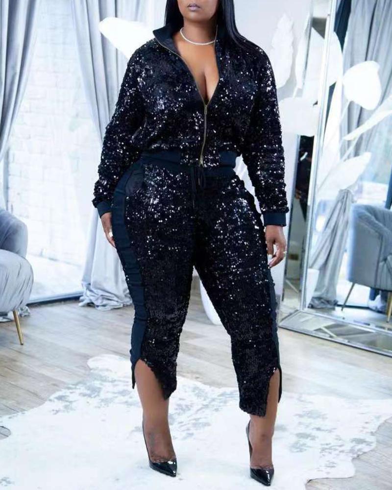 

Zipper Design Sequin Coat & Slit Pants Set, Black