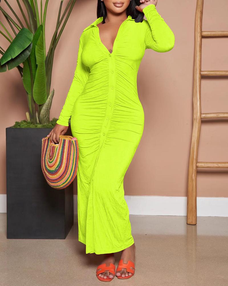 

Long Sleeve Button Down Ruched Shirt Dress, Yellow